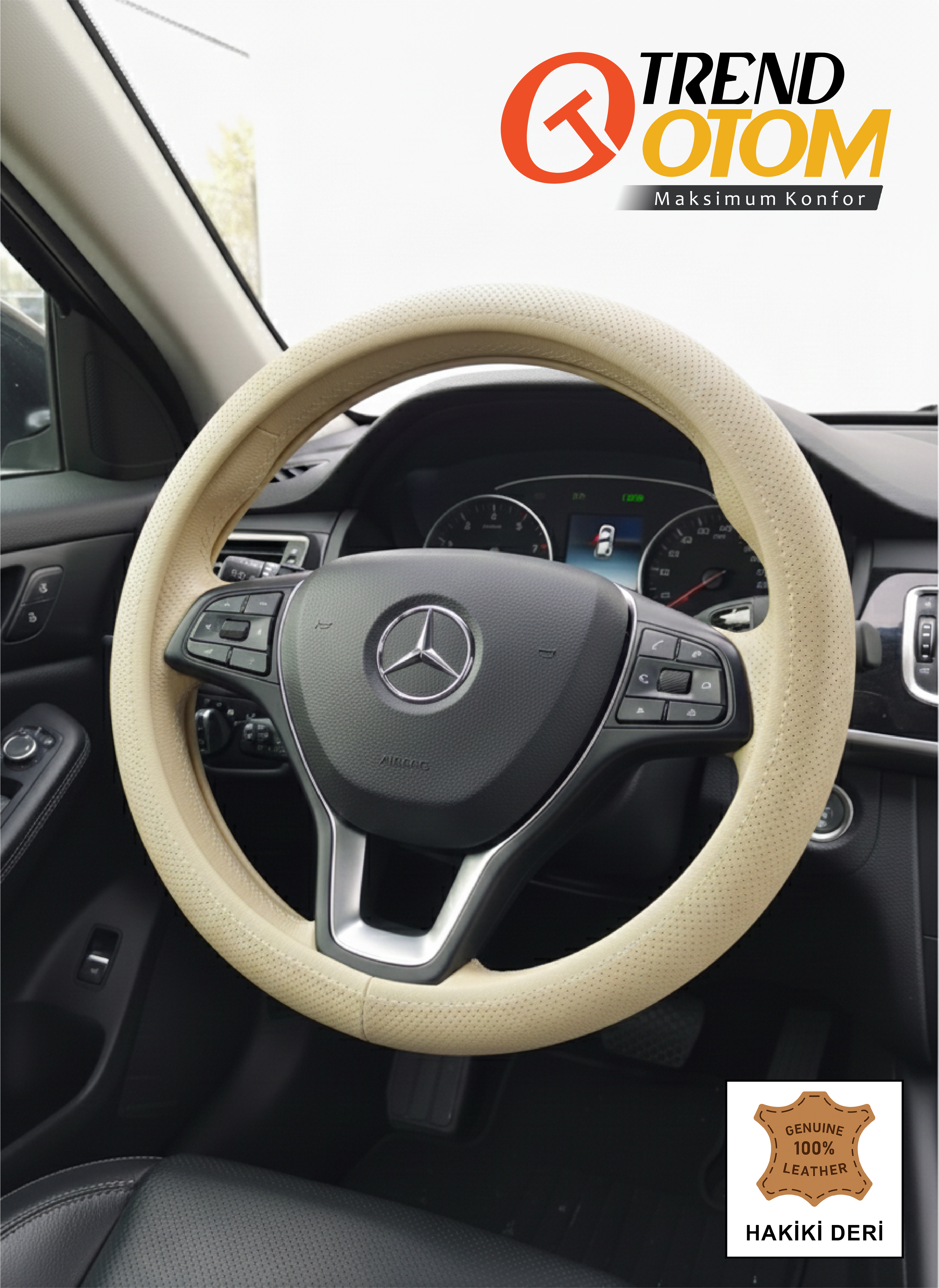 Gerçek Deri Direksiyon Kılıfı (Geçmeli) Bej Rengi